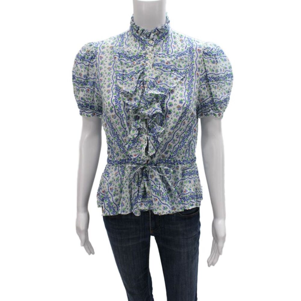 Thierry Colson Women Multicolor Floral High Neck Short Sleeve Blouse Size S
